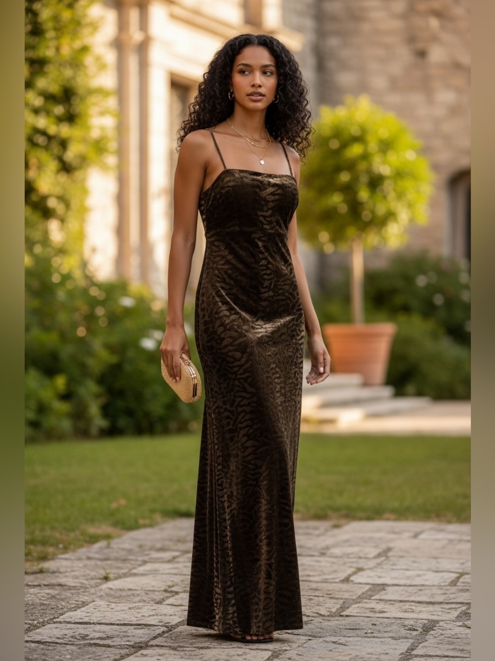 Arianna by Rachel Kaye Velvet Scoop-Neck Maxi Dress Dark Brown Zebra Print Y2K